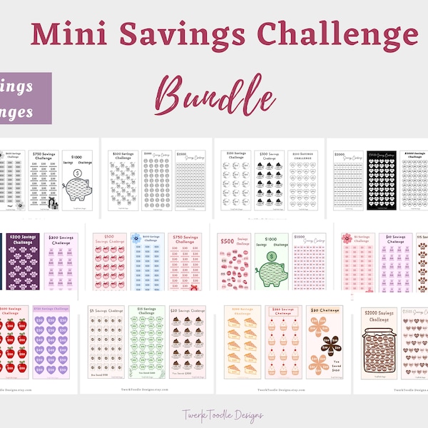 12 Mini Savings Challenge Bundle Printable, Personal Finance, 5 10 15 20 Dollar,500 1K 2K 3K Saving cash tracker, Vacation Birthday Savings