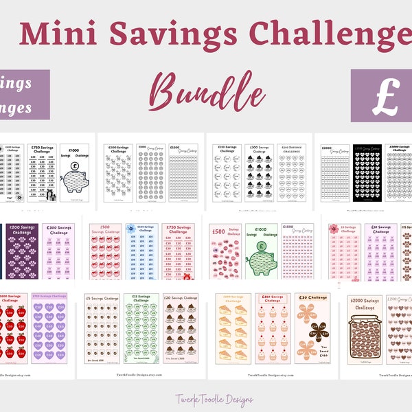 Savings Challenge UK Tracker Bundle PRINTABLE | Personal Finance, 5 10 15 20 Pounds,500 1K 2K 3K A6 Cash binder Envelope Saving cash tracker