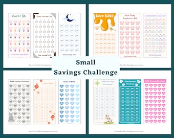May include: A set of printable savings challenge trackers with different themes. Each tracker features a grid of circles with a dollar amount to be saved each time. The themes include light bulbs, coffee cups, baby elephants, envelopes, hearts, and flowers.