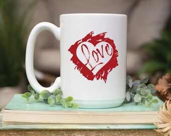 Love Valentines Day Mug - White, Valentine's Day Gift Mug, Red Heart Mug