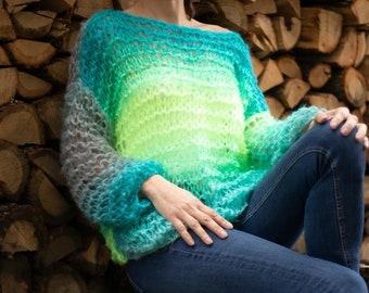 Hand-Knitted Mohair Sweater - Lightweight Multicolor Boho Pullover - Transparent Sping Sweater