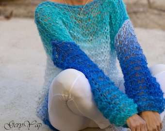 Hand Knitted Mohair Sweater: Women's Lightweight Boho Pullover