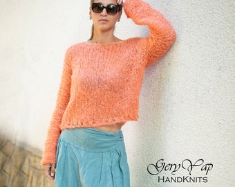 Cropped hand made sweater - Sexy mohair sweater for women - Bohemian hand knit sweater - Salmon color