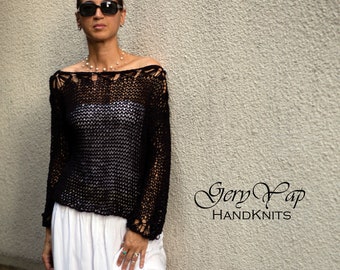 Cotton sweater for women - Hand knit summer black sweater - Grunge loose knit pullover -Handmade transparent jumper