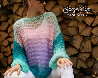 Hand-Knitted Mohair Sweater, Boho Style, Lightweight Pullover