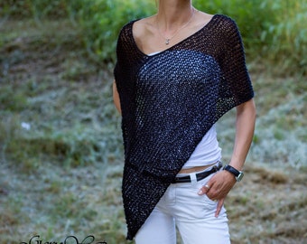 Poncho en coton tricoté à la main - Vêtement d'été léger en maille