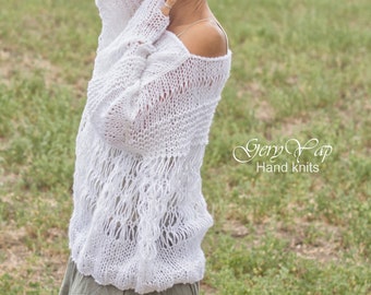 Hand knitted wool mohair womens sweater loose knit white hand made oversized super soft READY TO SHIP