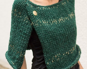 Poncho in lana acrilico da donna, coprispalle lavorato a mano, mantello verde scuro con fili dorati, maglione poncho lavorato a maglia grosso fatto a mano