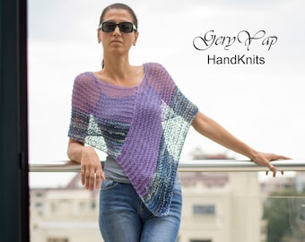 Poncho in cotone color lavanda, maglieria estiva a maglia larga, camicetta lavorata a mano da donna, top, maglione lavorato a mano, copertura leggera