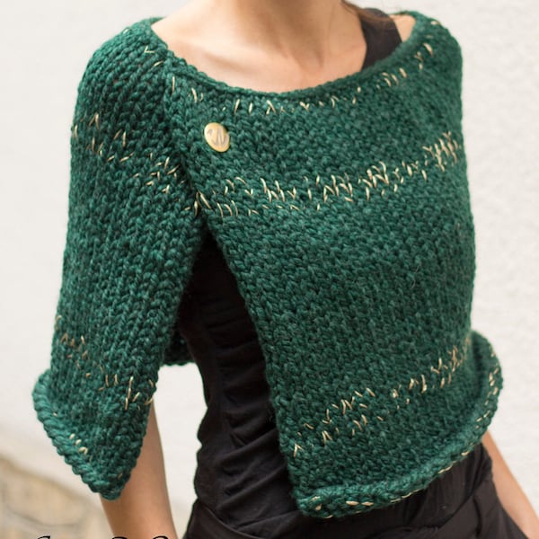 Poncho en laine acrylique pour femmes, haussement d'épaules, cape en tricot vert foncé avec fils dorés, pull poncho en grosse maille fait main