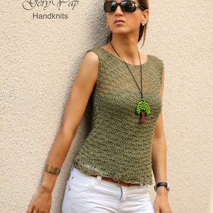 Top de algodón en verde oliva, camiseta sin mangas de verano de punto suelto, blusa tejida a mano para mujer, top sin mangas, suéter tejido a mano