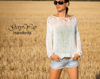 Women's sweater Hand knit summer white sweater grunge cotton loose knit pullover handmade boho style gift for her