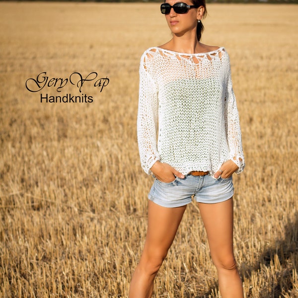 Women's sweater Hand knit summer white sweater grunge cotton loose knit pullover handmade boho style gift for her