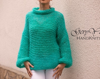Hand Knit Mohair Sweater – Oversized Green Pullover, Soft Fluffy Jumper