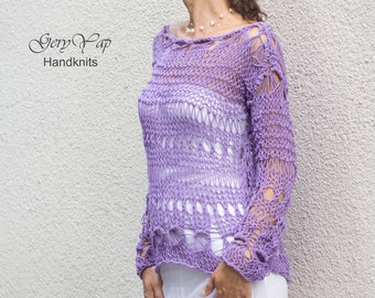 Handgestrickter Lavendel Pullover, Baumwolle Acryl Lockerer Strick, Boho Stil
