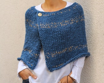 Women's winter poncho shrug - Hand knit cape - Denim blue with golden threads chunky knit poncho - Hand made wool sweater
