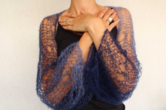 Hand Knit Mohair Shrug: Denim Blue Bolero, Boho Beach Cover-Up