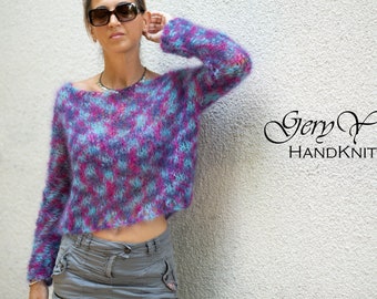 Handgestrickter Mohair Kurzpullover - Blaues & Lila Boho Top