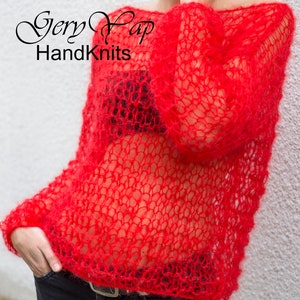 Damen Pullover Handgestrickter langhaar Mohair Pullover rot leichtes handgemachtes Geschenk für sie
