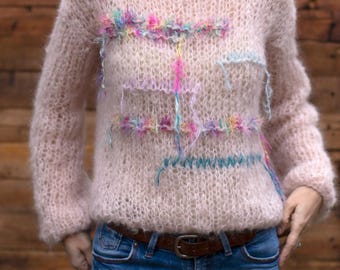 Alpaca Sweater Hand Knit, Pullover Luxurious Super Soft, Women Art Sweater Loose Knit, Fuzzy Cloud Jumper