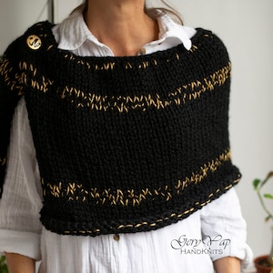 Women&#39;s winter poncho shrug hand knit cape black with golden threads chunky knit poncho sweater hand made