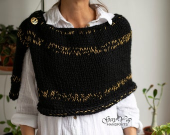 Women's winter poncho shrug hand knit cape black with golden threads chunky knit poncho sweater hand made
