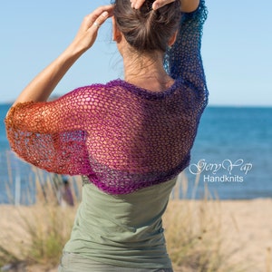 Hand knit alpaca wool women&#39;s shrug scarf loose knit boho style rainbow colors summer wear Beach garment Summer bolero