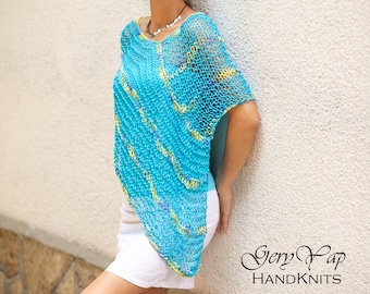 Cotton poncho in turquoise blue color, loose knit summer knitwear, hand knit blouse, top for women, hand knit sweater, lightweight