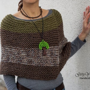 Women's wool poncho, Hand knit poncho, Stripped poncho, Winter hand made poncho, olive green, brown, chunky knit poncho