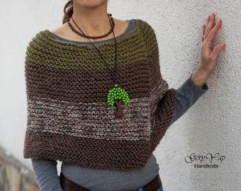 Hand Knit Wool Poncho, Chunky Knit, Olive Green & Brown