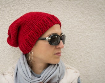 Hand Knit Wool Beanie - Warm Winter Hat, Red
