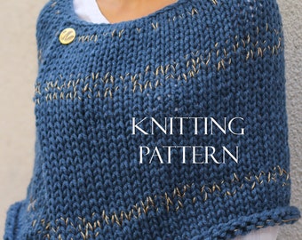 May include: A blue knitted poncho with gold thread accents. The poncho has a wide neckline and a triangular shape. The text "Knitting Pattern" is visible in the center of the image.