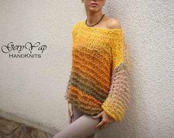 Women's sweater Hand knitted mohair pullover lightweight hand made boho style gift for her autumn colors