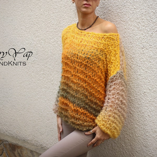 Women's sweater Hand knitted mohair pullover lightweight hand made boho style gift for her autumn colors