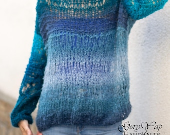 Hand-Knitted Mohair Blend Sweater – Denim Blue Loose Knit Pullover