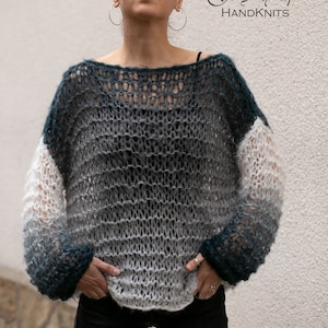 Women&#39;s sweater Hand knitted mohair pullover lightweight hand made boho style gift for her black gray white