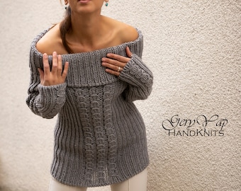 Chunky Hand Knit Sweater – Grey Wool Blend, Off-Shoulder Turtleneck