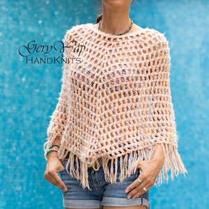 Crochet poncho with fringes - Women&#39;s coverup - Sping summer dress - Boho style - Cotton poncho - Super soft poncho in orange