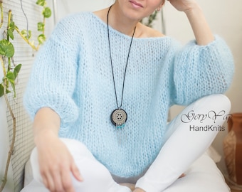 Handgebreide mohair trui - oversized lichtblauwe trui