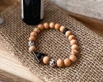 Essential oil diffuser bracelet, Dalmatian Jasper, lava rock bracelet, wood bead bracelet for women, healing jewelry,  boho bracelet beads
