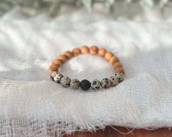 Dalmatian Jasper gemstone Bracelet, wood bead and Lava Rock Diffuser Jewelry