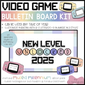 New Year 2025 Bulletin Board Kit | Video Game Bulletin Board | Pixel A-Z Letters 0-9 Numbers & Symbols | January 2025 | Level Up