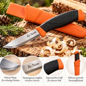 Könnte beinhalten: Ein Morakniv Messer mit feststehender Klinge, schwarzem Gummigriff, orangefarbenen Akzenten und einer Edelstahlklinge mit der Gravur "Ihr Name". Das Messer enthält eine passende orangefarbene Kunststoffscheide, dargestellt mit Detailansichten.