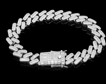 Miami Cuban Link Bracelet Sterling Silver 925 White Gold PlatedFully Iced CZ Solid Hip Hop