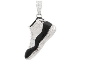 Sterling Silver 925 Sneakers Pendant 3D White Gold Plated Black Enamel