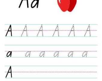 Op de afbeelding: Een printbaar werkblad om te oefenen met het schrijven van de letter A in hoofdletters en kleine letters. Het werkblad bevat stippellijnen om de gebruiker te begeleiden en een illustratie van een rode appel.