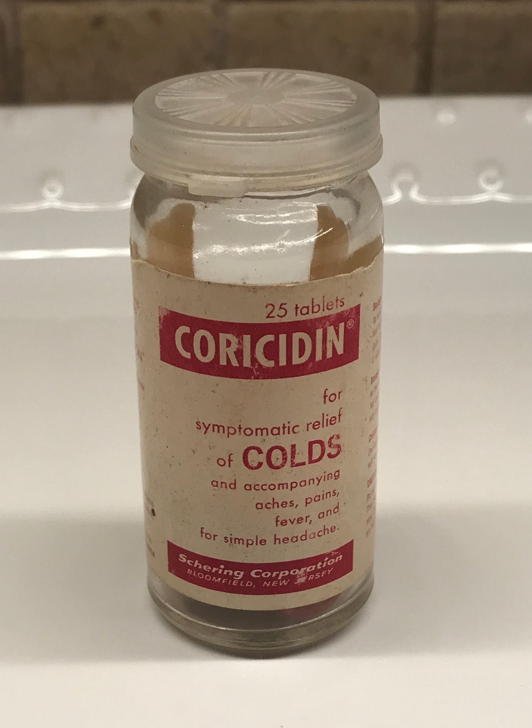 Vintage Coricidin Glass Pill Bottle With Cap and Label Duane