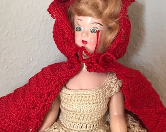 1940's Red Riding Hood Doll - Vintage Character Doll - Crochet Dress