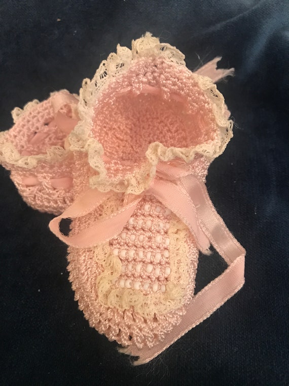 Vintage Pink Crochet Baby Booties - Lace and Beade