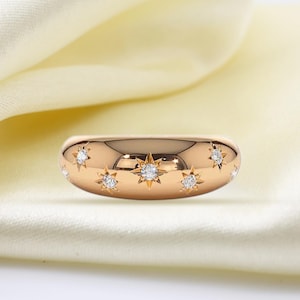 Diamond Dome Ring, Gold Dome Ring, Silver Dome Ring, Star Ring, Statement Wedding Ring, Anniversary Gift, Celestial Jewelry, Gift for Her